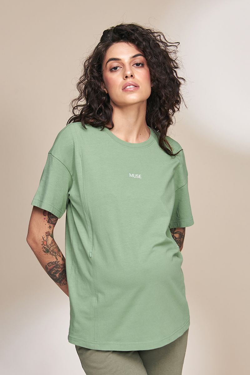 Стильна футболка для вагітних та годуючих мам зелена