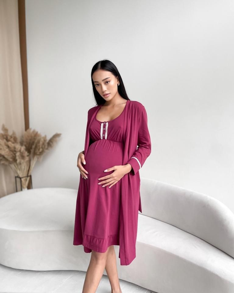 Бордовый хлопковый халат для беременных и кормящих мамочек