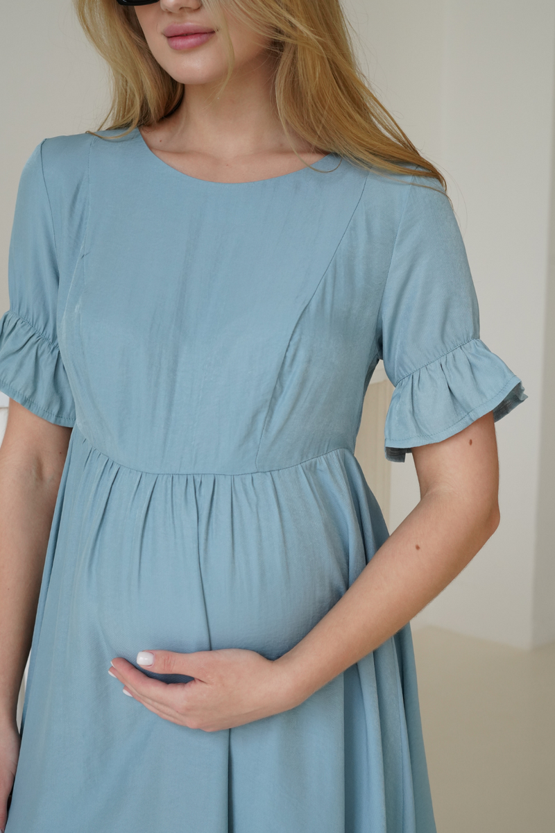 Бавовняна літня сукня для вагітних та годуючих вільна з секретом годування сіро-блакитна
