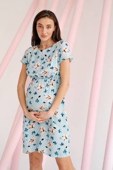 Нежное хлопковое платье для беременных и кормящих серо-синее с секретом кормления