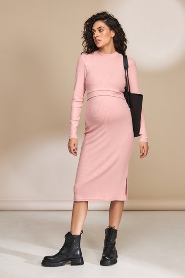 Рожева облягаюча сукня для вагітних та годуючих мам з секретом годування