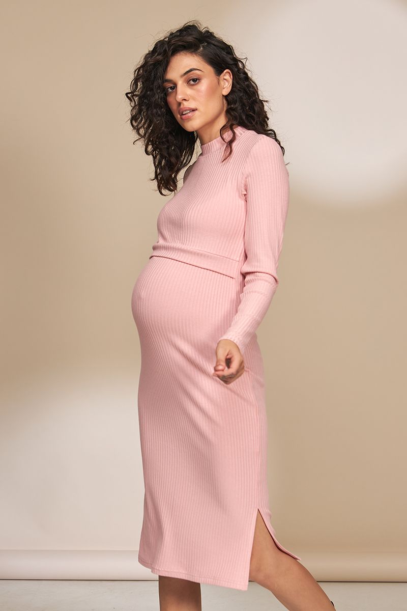 Розовое облегающее платье для беременных и кормящих мам с секретом кормления
