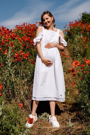 Белое платье для беременных и кормящих мам с секретом для кормления хлопковое