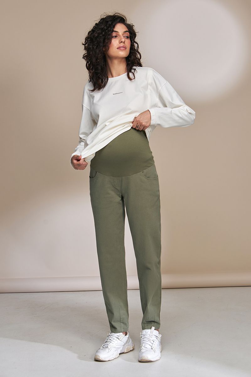 Стильные брюки для беременных Mom с трикотажным животиком оливковые