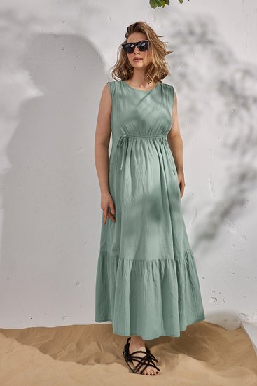 Зеленое платье для беременных и кормящих длинное из жатого хлопка