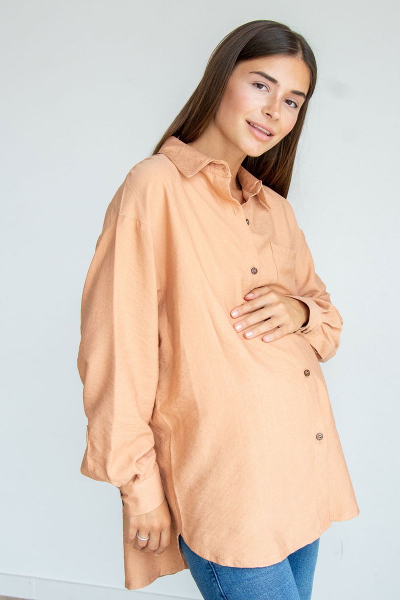 Бежевая рубашка для беременных и кормящих мам из натуральной хлопковой ткани с пуговицами Oversize