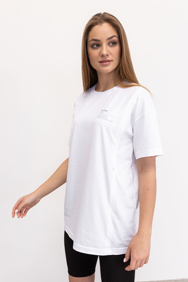 Белая туника-футболка для беременных и кормящих с секретом кормления