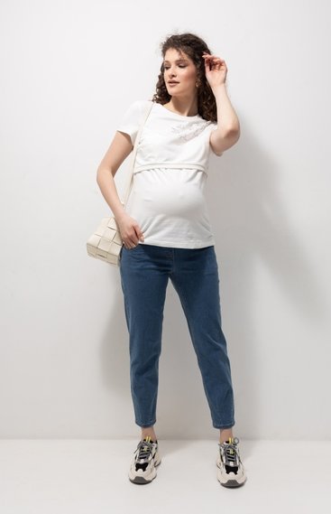 Темно-голубые джинсы МОМ для беременных из тонкого джинса