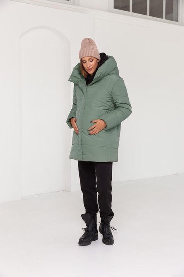 Зимова куртка оверсайз для вагітних з капюшоном зелена