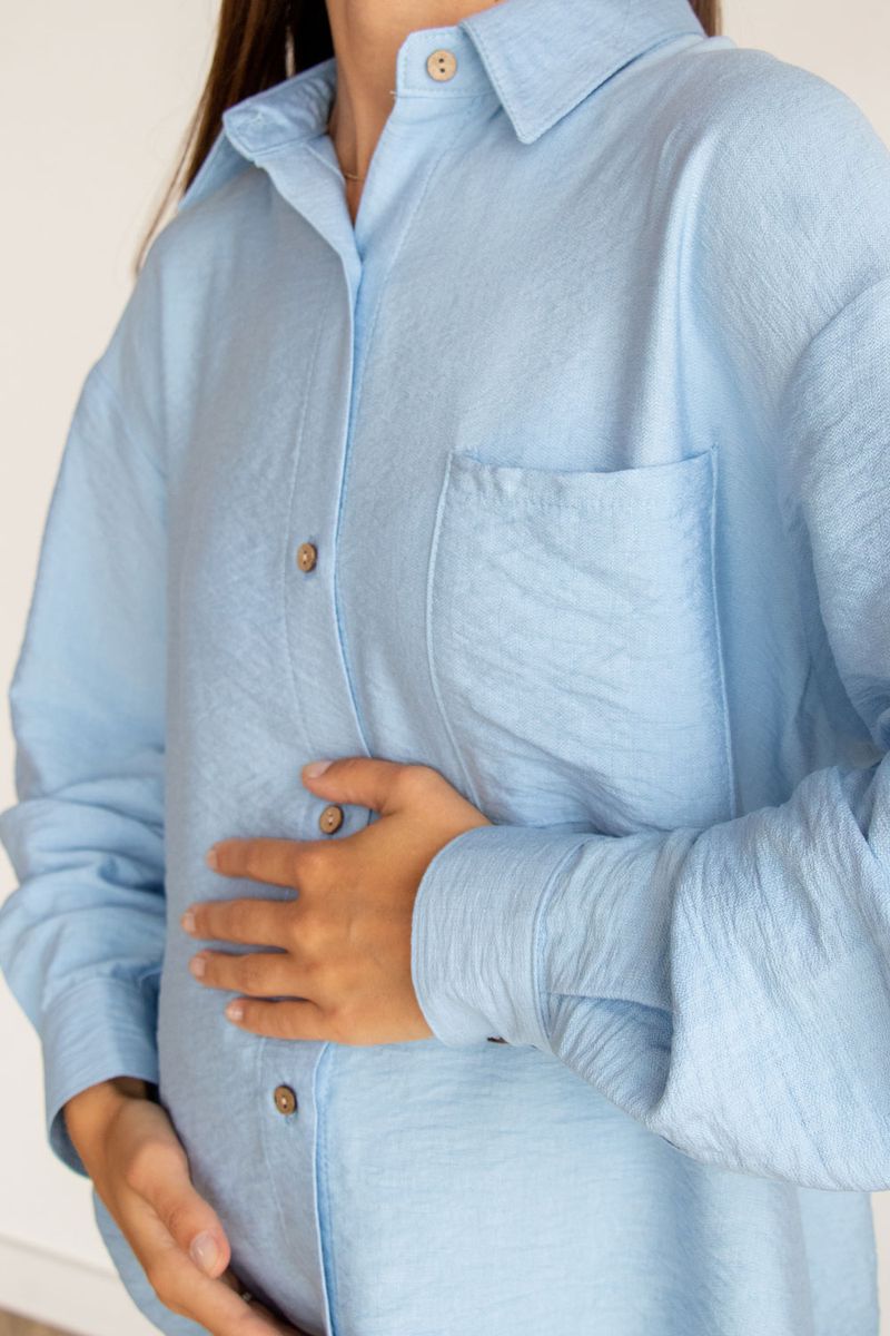 Голубая рубашка для беременных и кормящих мам на пуговицах из натуральной хлопковой "жатки"