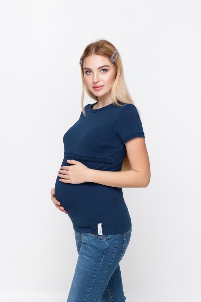 Трикотажная футболка для беременных и кормящих мам синяя