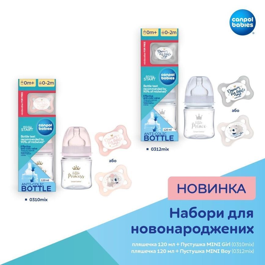 Набор для новорожденных - Бутылочка 120 мл + Пустышка MINI для девочки Canpol babies