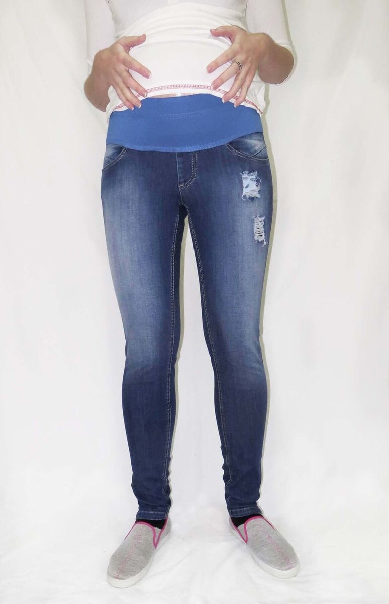 Приталені джинси для вагітних та годуючих сині з рваними ефектами